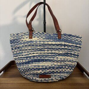 Lucky Brand Blue Cream Striped Woven Straw Boho Tote